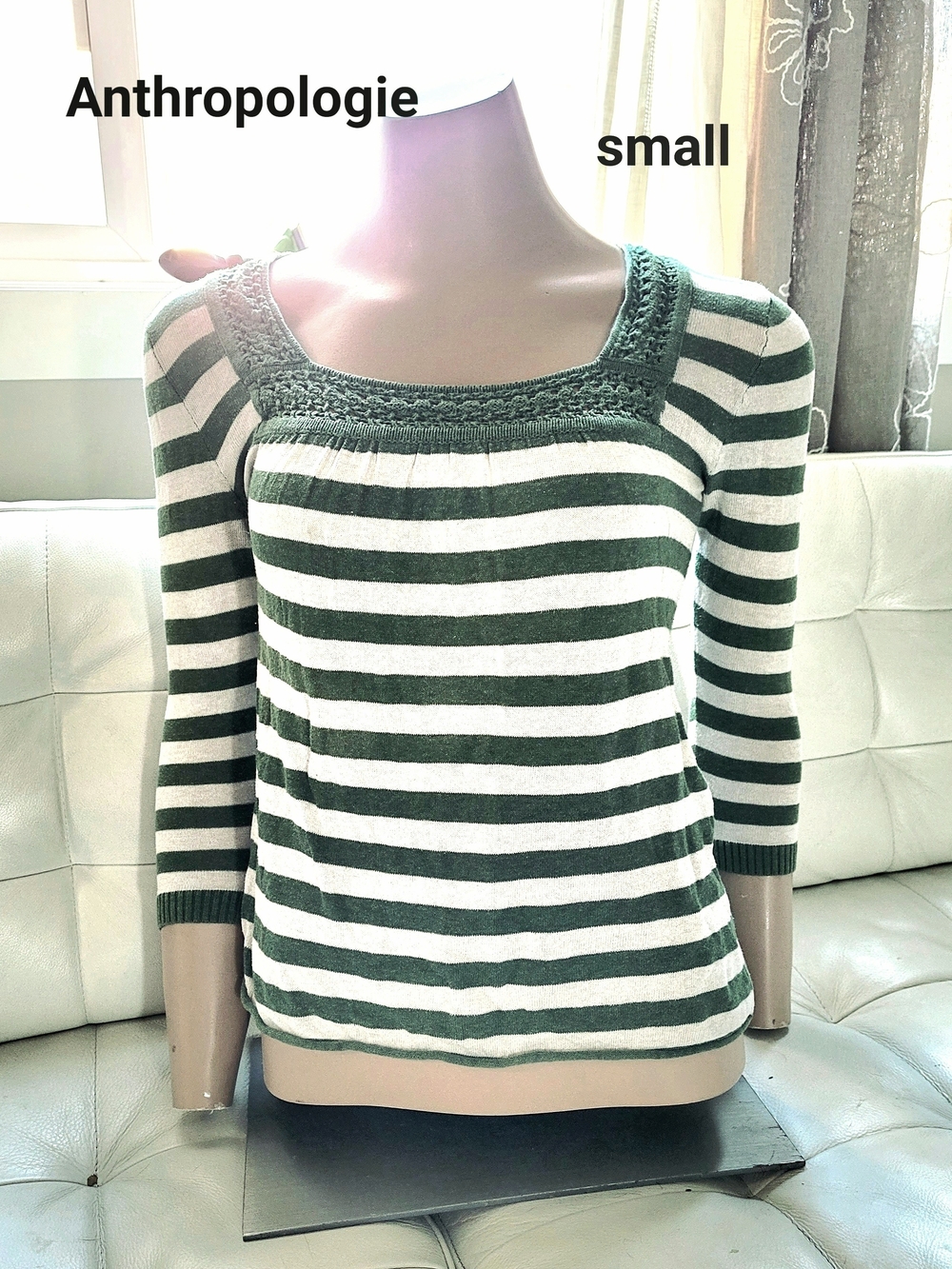 Anthropologie Green & Off- White Striped Square-Neck Sweater